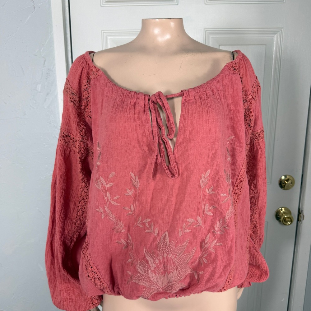 Free People Women's Shirt Maria Maria Lace Blouse Large Embroidered Cotton D18